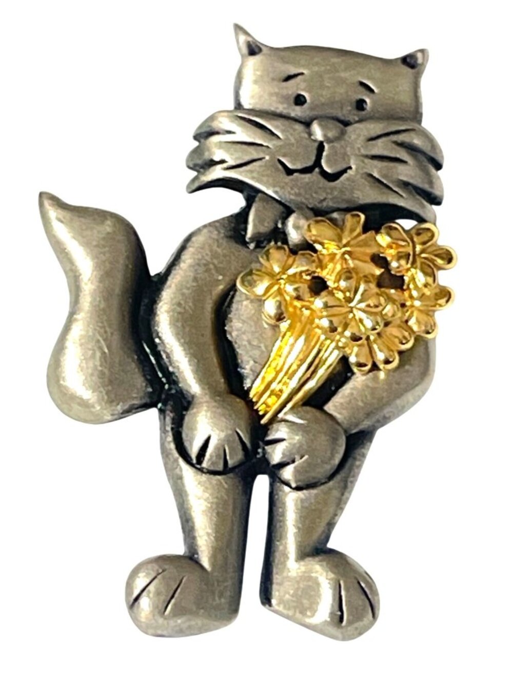 Alexandra Gentleman Cat Brooch Pin Pewter Gold-Tone Flowers Whimsical Design